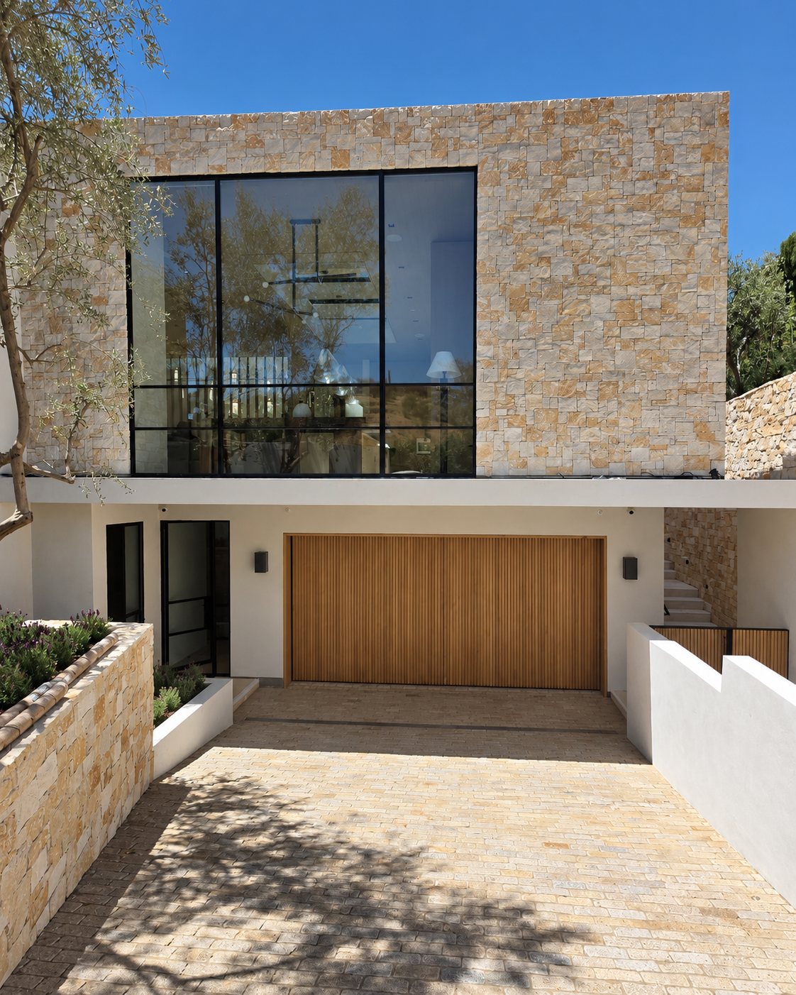 Home addition in Beverly Hills: stone-clad upper level over the garage, black-framed window wall, wood garage door and a paver driveway