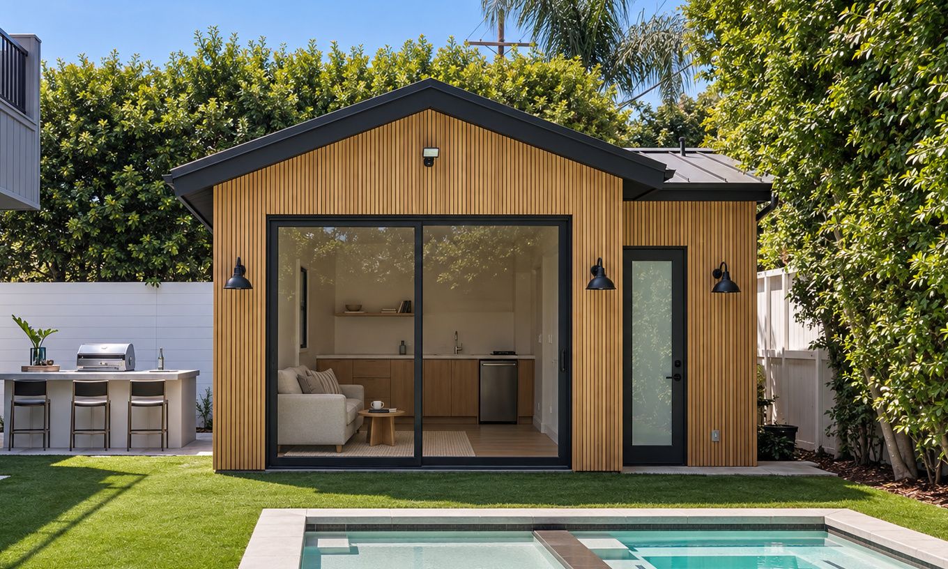 Detached ADU in Redondo Beach: vertical wood cladding, gabled roof, full-height sliding glass open to a studio interior with a kitchenette, and a separate entry door