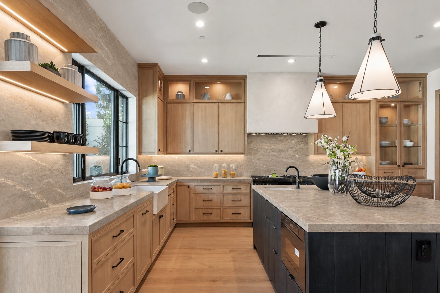 Kitchen remodel in Venice Beach: white oak cabinetry, stone counters and backsplash, and a dark island under pendant lighting